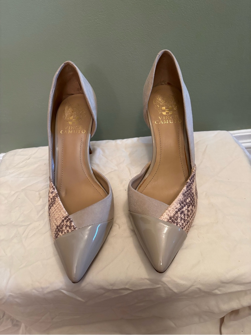 Vince Camuto Taupe Pointed-Toe Mixed-Material Heels